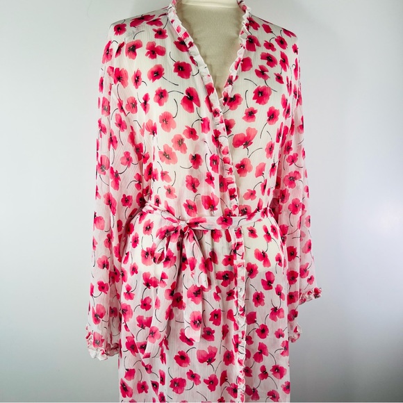Oscar De La Renta Floral Sheer Ruffle Pretty Poppies 3X Pink Label Robe - Picture 3 of 11